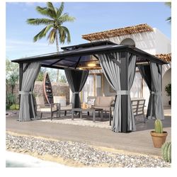 New In Box, 12x14 Polycarbonate Hardtop Gazebo With Curtain And Netting 