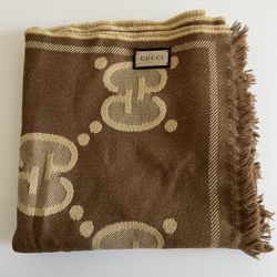 Gucci Gg Wool Jacquard Scarf Classic Beige Brown Silk Blend 