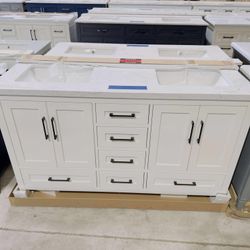 “60” Double Sink Bathroom Vanity in White Color with Black Handles and Marble Top in White  $915 