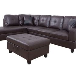 Dark Brown Leather Sectional Couch and Ottoman