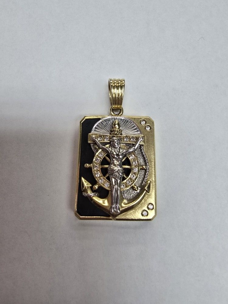 14k Gold Anchor With Jesus Pendant Onix Stone And White Zirconia 