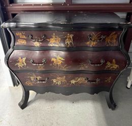 Chinoiserie Bombe 3-Drawer Chest | Black & Burgundy Lacquer | Equestrian Gilt Motif