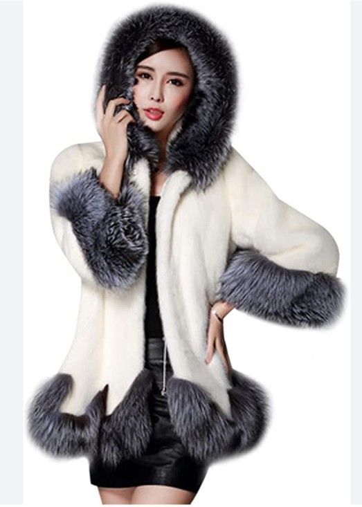 Women's Luxury Ultra Soft Contrast Faux Fur Hoodies Jacket, Ladies Plus Winter Warm Fleece Hooded Flared Coat Outerwear