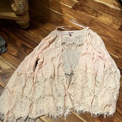 Women’s pink lace Alya brand cardigan. Size medium