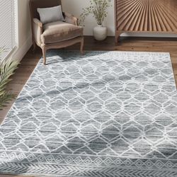 5x7 Machine Washable Stain Resistant Non-Slip Low-Pile Faux Wool Area Rug, Moroccan Gray, NEW