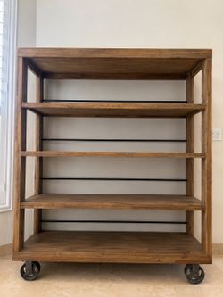 Industrial-Style Rolling Display Shelving Unit / Bookcase - Brown Wood & Metalo