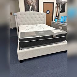 Light Grey Queen Size Upholstered Bed Frame
