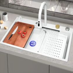 Single Basin Drop-in Kitchen Sink with Right Drain, 1 Cutting Board, 1 Faucet & Kitchen Sink Workstation, Scratch Resistant, 30"L x 18"W x 9"H, Waterf