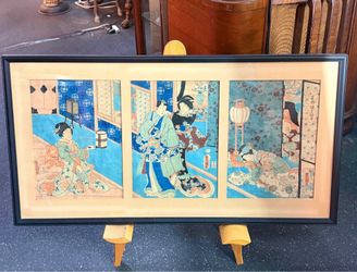 Japanese Ukiyo-e Triptych Framed Woodblock Prints Utagawa Toyokuni III Kunisada