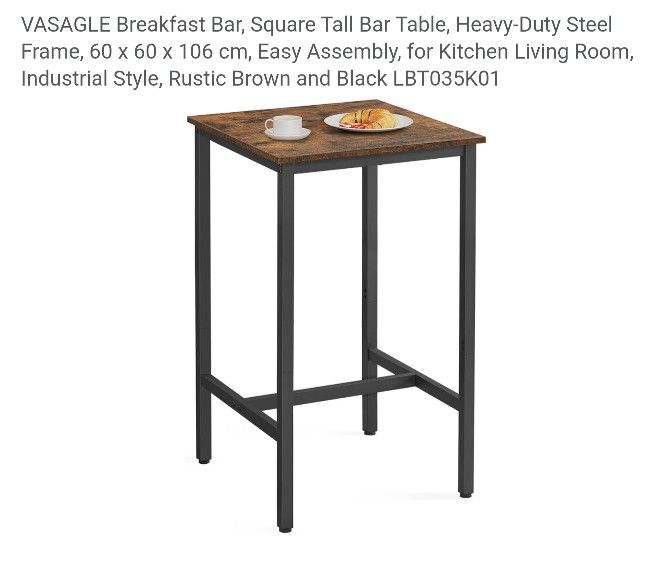 Breakfast Bar, Square Tall Bar Table, Heavy-Duty Steel Frame, 60 x 60 x 106 cm, Easy Assembly, for Kitchen Living Room, Industrial Style, Rustic Brown