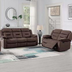 👑  Sofa and Loveseat, Chocolate Velvet Fabric, Manual Mechanism Reclining, New in the Box.