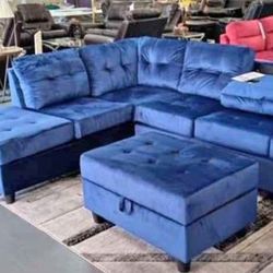 Navy Water Resistant Fabric Reversible Sectional With Cup Holder And Storage Ottoman. Brand New.