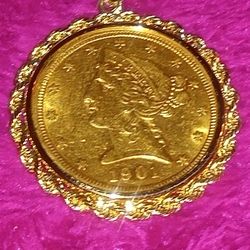 22 K Half Eagle.$5 Gold Coin .In A 14 K Rope Pendant.