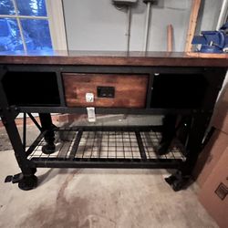 Brown Solid Wood Work Bench Table On Wheels W Drawer