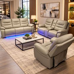 3-Piece Leather Recliner Sofa Set with LED Lighting