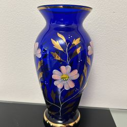 Gorgeous Vase. Decorated Glass. Blue And Gold Pattern.  9,5 Inches  High.  Great Present .