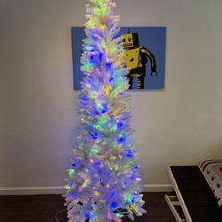 7.5ft Prelit Artificial Hinged Pencil Christmas Tree, Pre-Lit Warm White & Multi-Color Lights