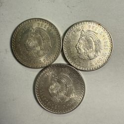 Lot Of 3 Mexican Cuauhtemoc 5 Pesos .900 Fine Silver