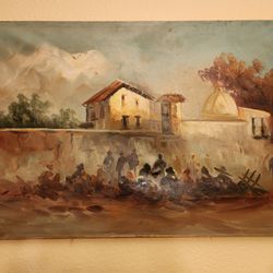 Antique / Old Original Unique Canvase Painting Of Spanish Mission Church 24 X 16 .