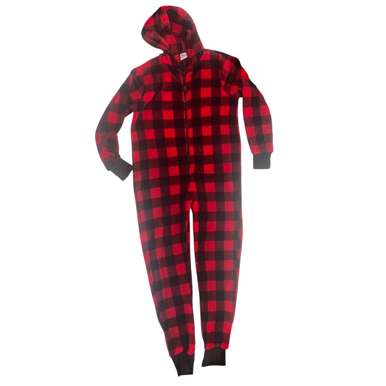 Womens size Medium, Plaid Hooded Pajama One Piece, Soft Stretch Fleece.