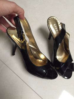 BCBG black patent peep-toe heels