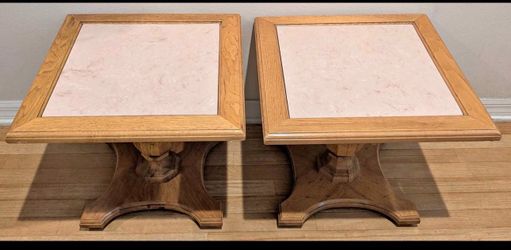 Vintage 1980s Oak Pedestal End Tables with Pink Stone Inset - Pair