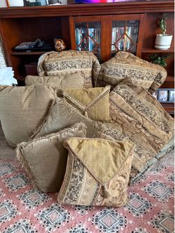 Queen size Comforter, Brown Bed Skirt, 2 Pillow Shams & 6 Throw Pillows
