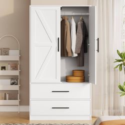 HOOBRO Armoire Wardrobe Closet with 2 Drawers, 180 cm Tall Wardrobe Cabinet with Hanging Rod, 2 Doors Bedroom Armoires, Farmhouse Clothing Storage Cab