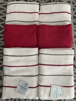 Brand New 6pc Comfort Bay Red White Gray Striped & Solid Red 24”x46” Bath Towels Set.