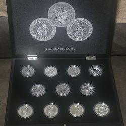 2016-2021 Great Britain Queen's Beast 2 oz Silver Coins - 11 Coin Set & Case/Box