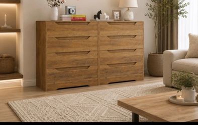 55" Wide Dresser for Bedroom,Walnut Mid Century Modern Dressers with 8 Drawers, Adequate Capacity Storage,Closet Clothes Organizer for Bedroom