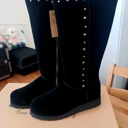 New Bearpaw 🐻 Dorothy Tall Studded Waterproof Wedge Zip Up Boots Women's Size 10