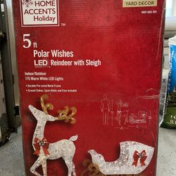 Christmas Decoration ~ 5ft LED White Reindeer & Sleigh