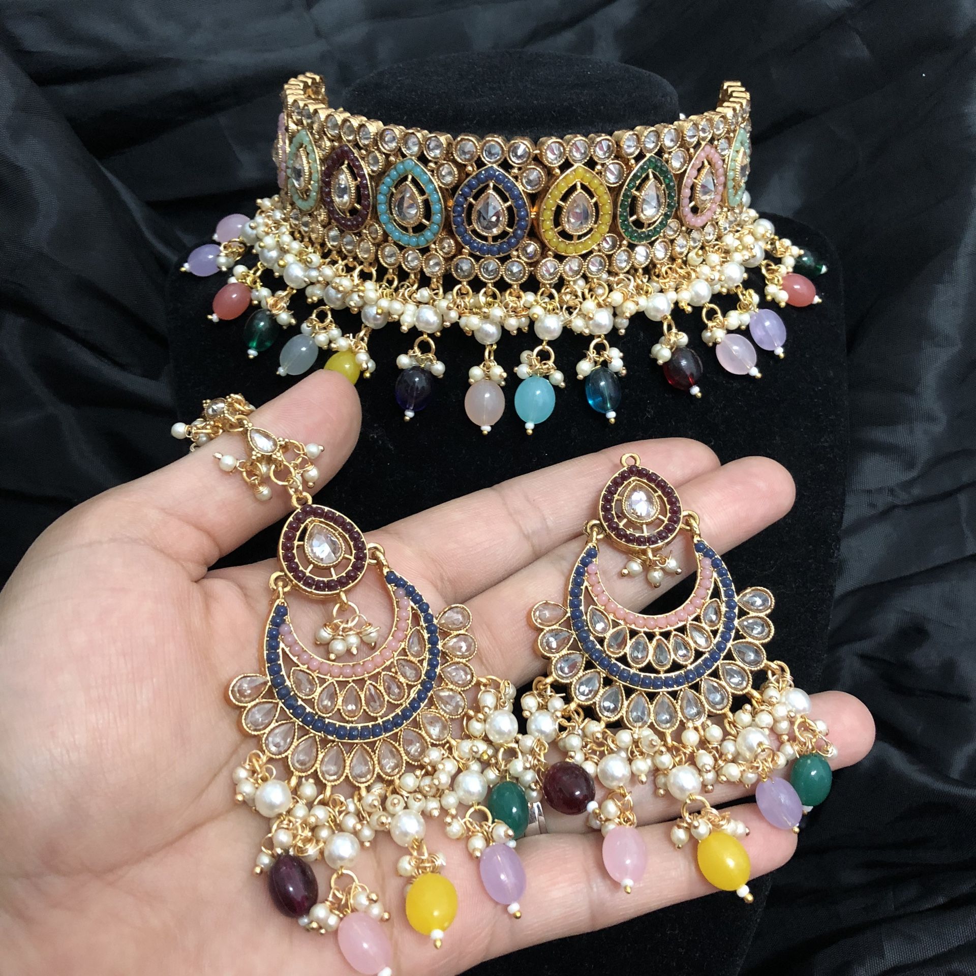 Polki Colorful Multicolor Choker Indian Pakistani Jewellery Jewelry Mangtika Set 