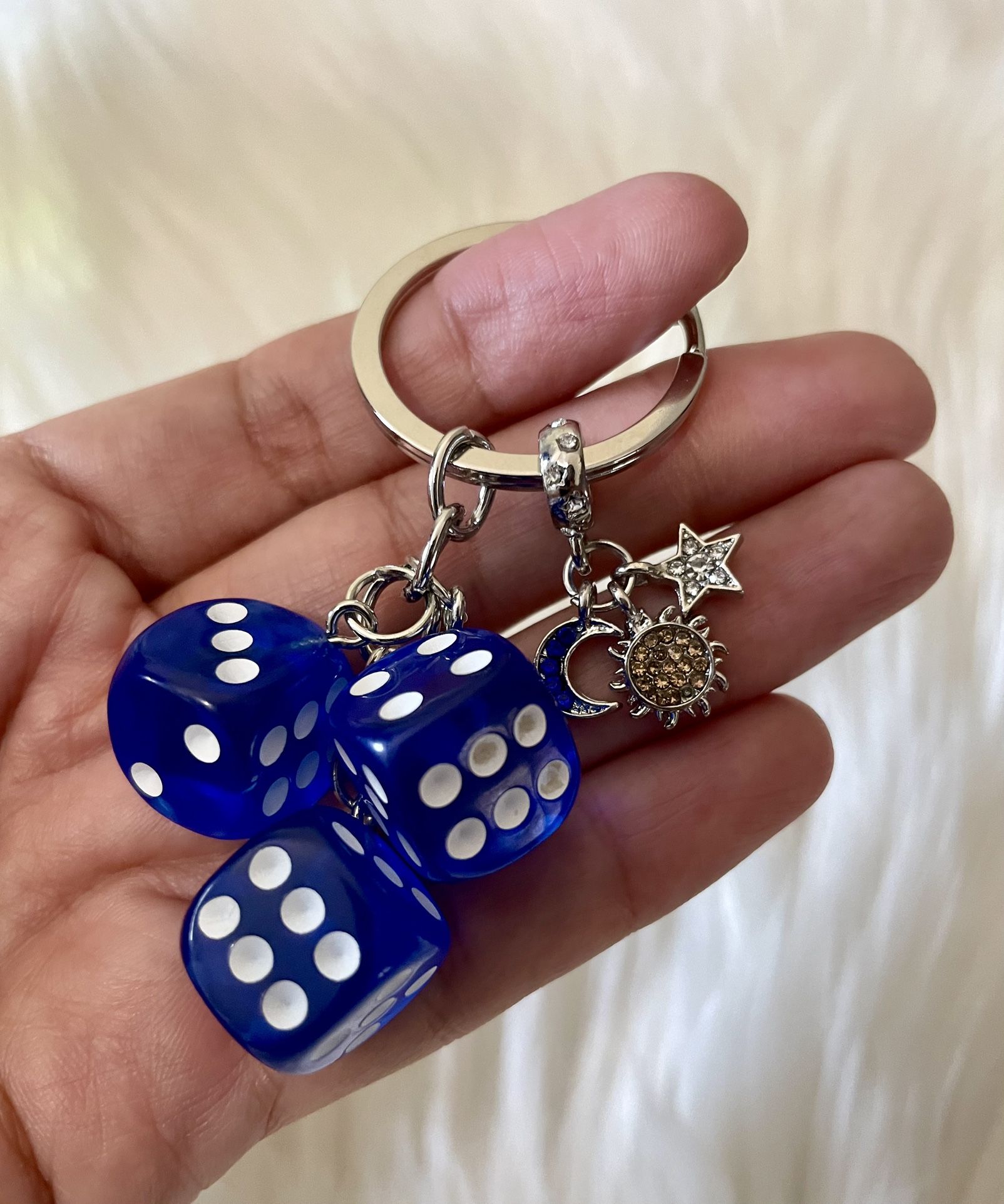 Brand New Lucky Blue Dice Star Moon Celestial Charm Keychain 