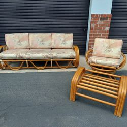 3 Piece 3/4 Pretzel Rattan 3 Strand Sofa , Swivel Lounge Chair and Ottoman.