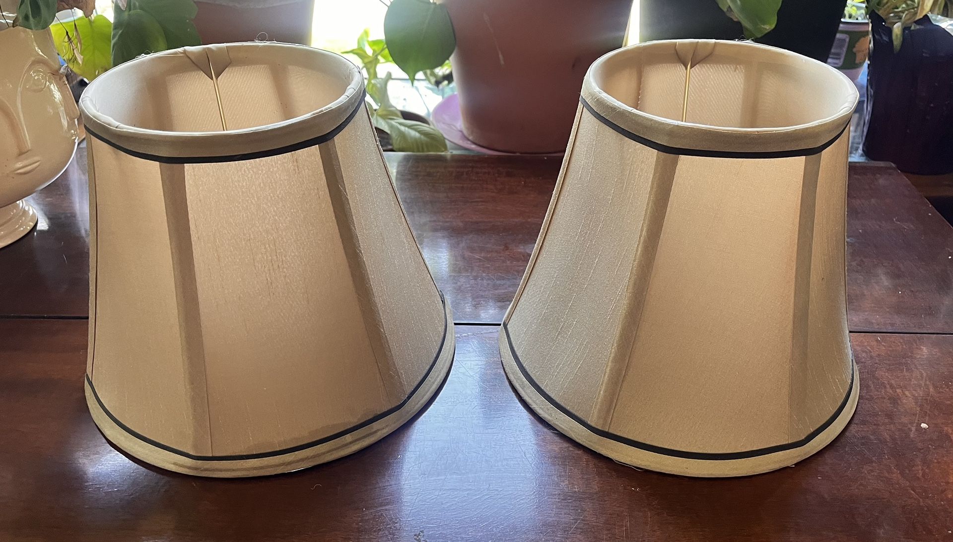 2 Vintage Lt Beige Silk Shantung Fabric Paneled Wide Bell Lamp Shades