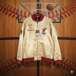​Mitchell & Ness NBA Miami Heat Satin Bomber Jacket Gold Red XL NWT 90s Vintage