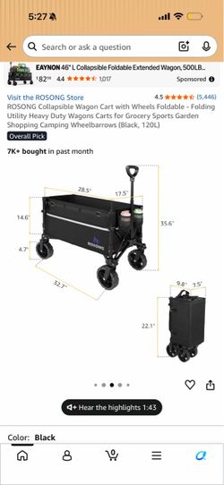 ROSONG Collapsible Folding Utility Wagon Cart Black 120L
