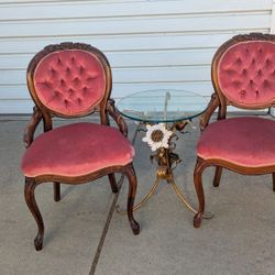 Pair of Antique Victorian-Style Accent Chairs Rose Velvet Upholstery