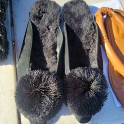 Chicos Black Fuzzy Flat Mules