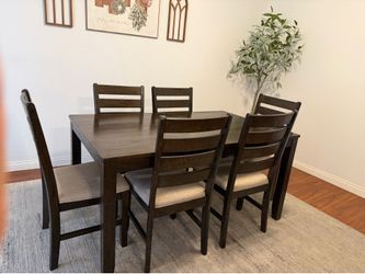 Dining Table Set for 6, 7-Piece 36" × 60" Table with 6 Cushioned Chairs, Made of Veneers, Wood and Engineered Wood, Dark Brown ($300 OBO)