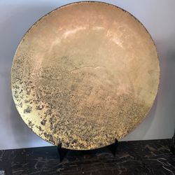 2000s Vietnamese golf leaf flake round giant display plate and stand 
