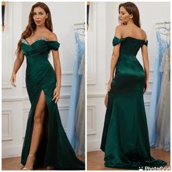 New Satin Emerald Green Off The Shoulder Emerald Green Beaded Pleated Long Prom Formal  Dress