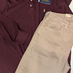 Men's Polo Long Sleeve Collar Shirt With Levis Jeans ( Shirt Size Large) ( Pants Size 34x32)