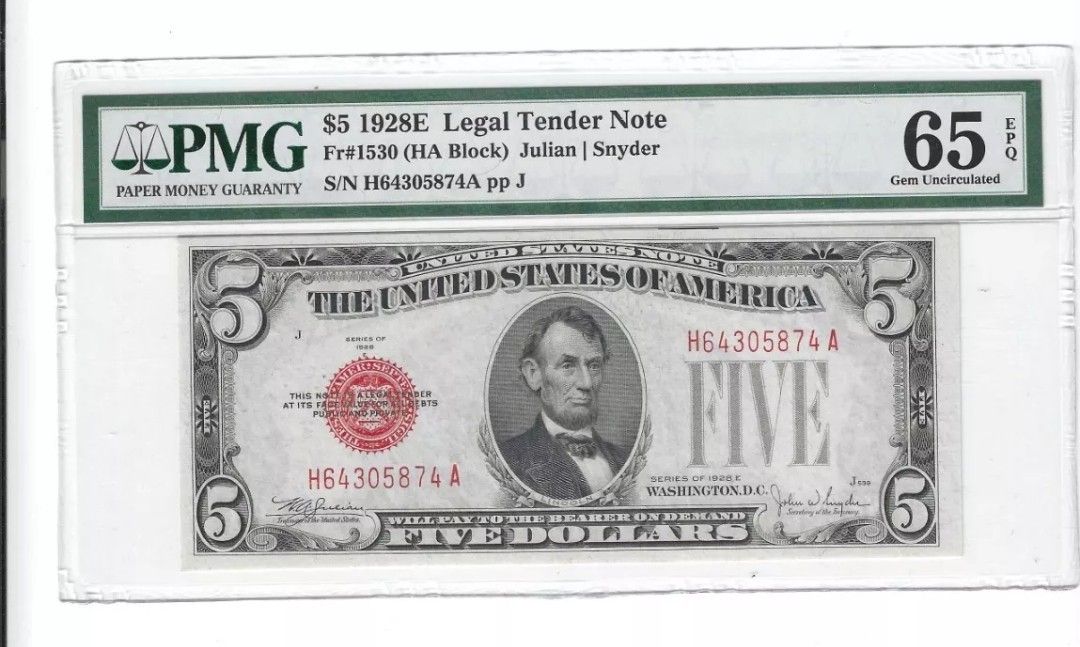 1928E  $5 Legal Tender PMG 65 EPQ  Fr#1530  .. Gem!