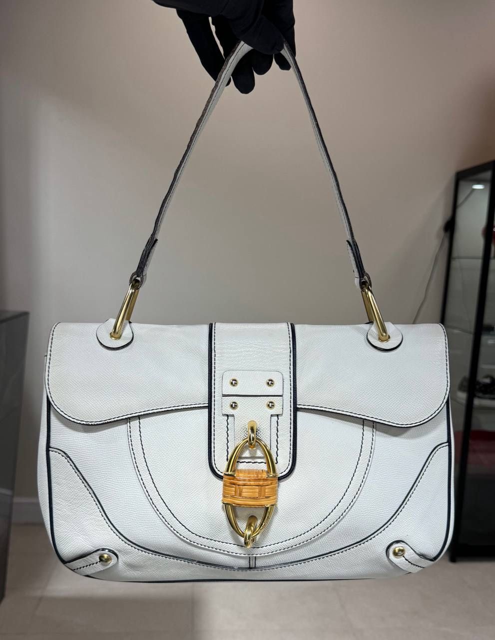 Salvatore Ferragamo White Leather Wicker Padlock Hand Shoulder Bag