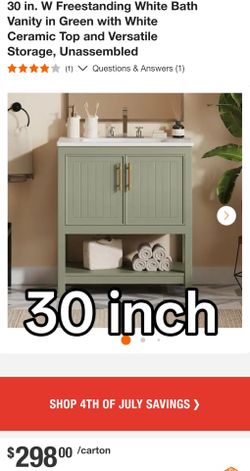 30 in. W Freestanding White Bath Vanity in Green with White Ceramic Top and Versatile Storage, Unassembled