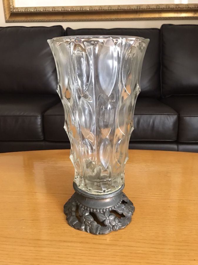 Vintage Glass Vase 18” with Metal Base/Centerpiece