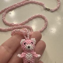 Beaded Pink Bear Necklace 